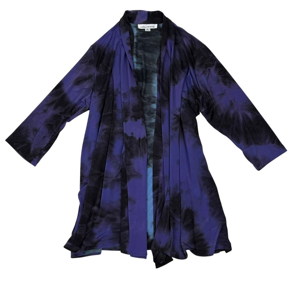 Caroline Rose Purple Black Tie-Dye Open Front Cardigan Knit Jersey XL